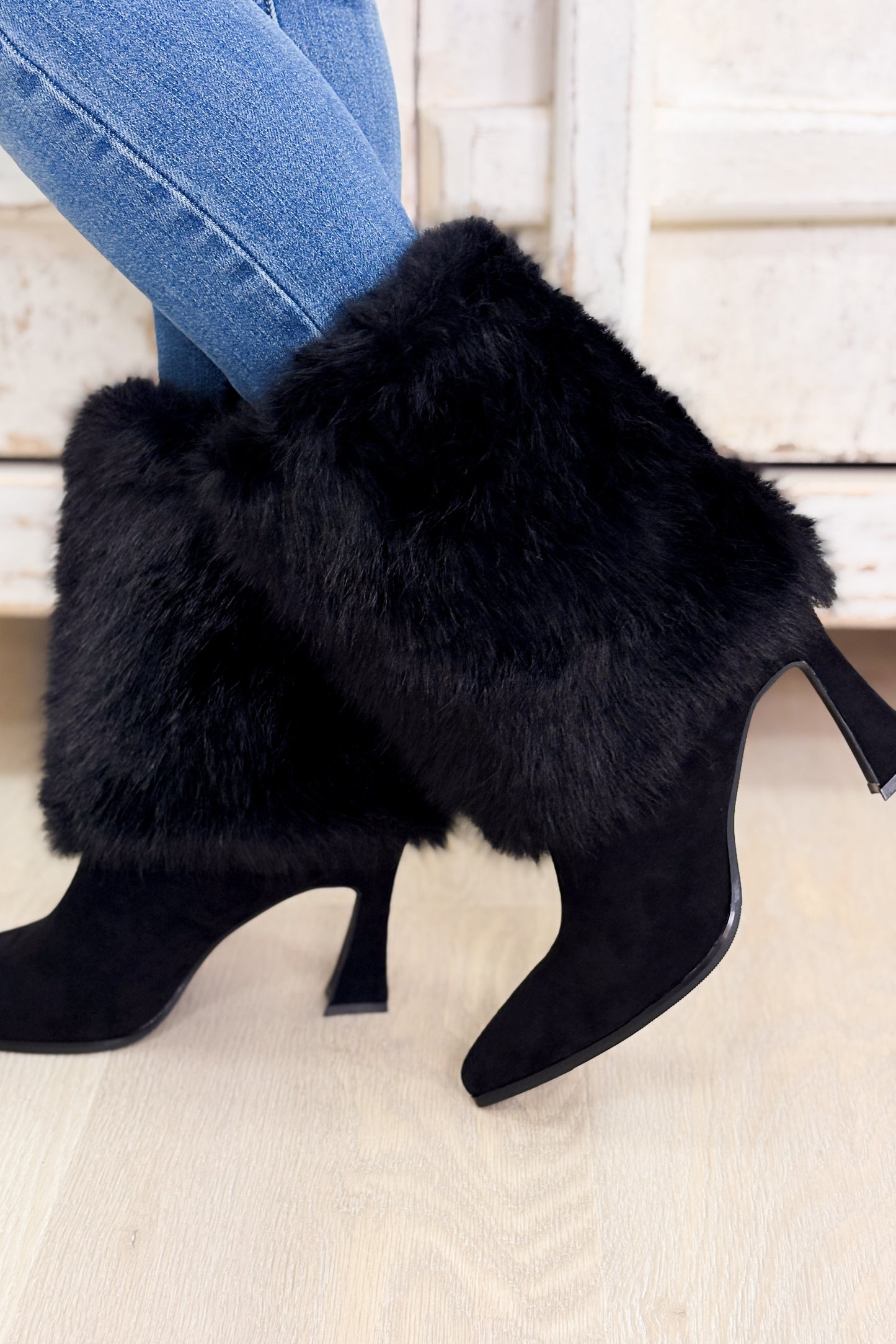 Sharen Fur Pointed Toe Heels - Black
