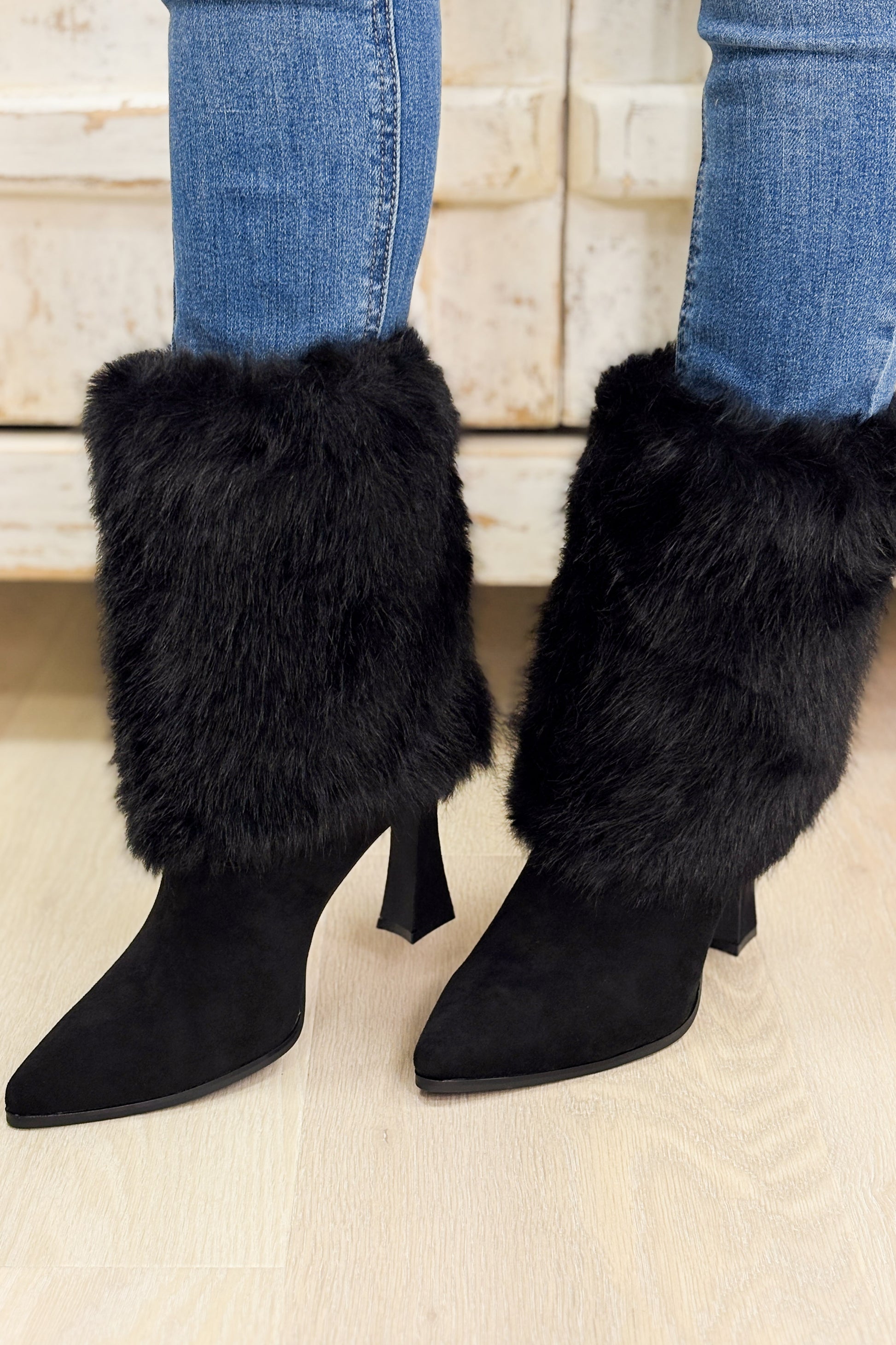 Sharen Fur Pointed Toe Heels - Black