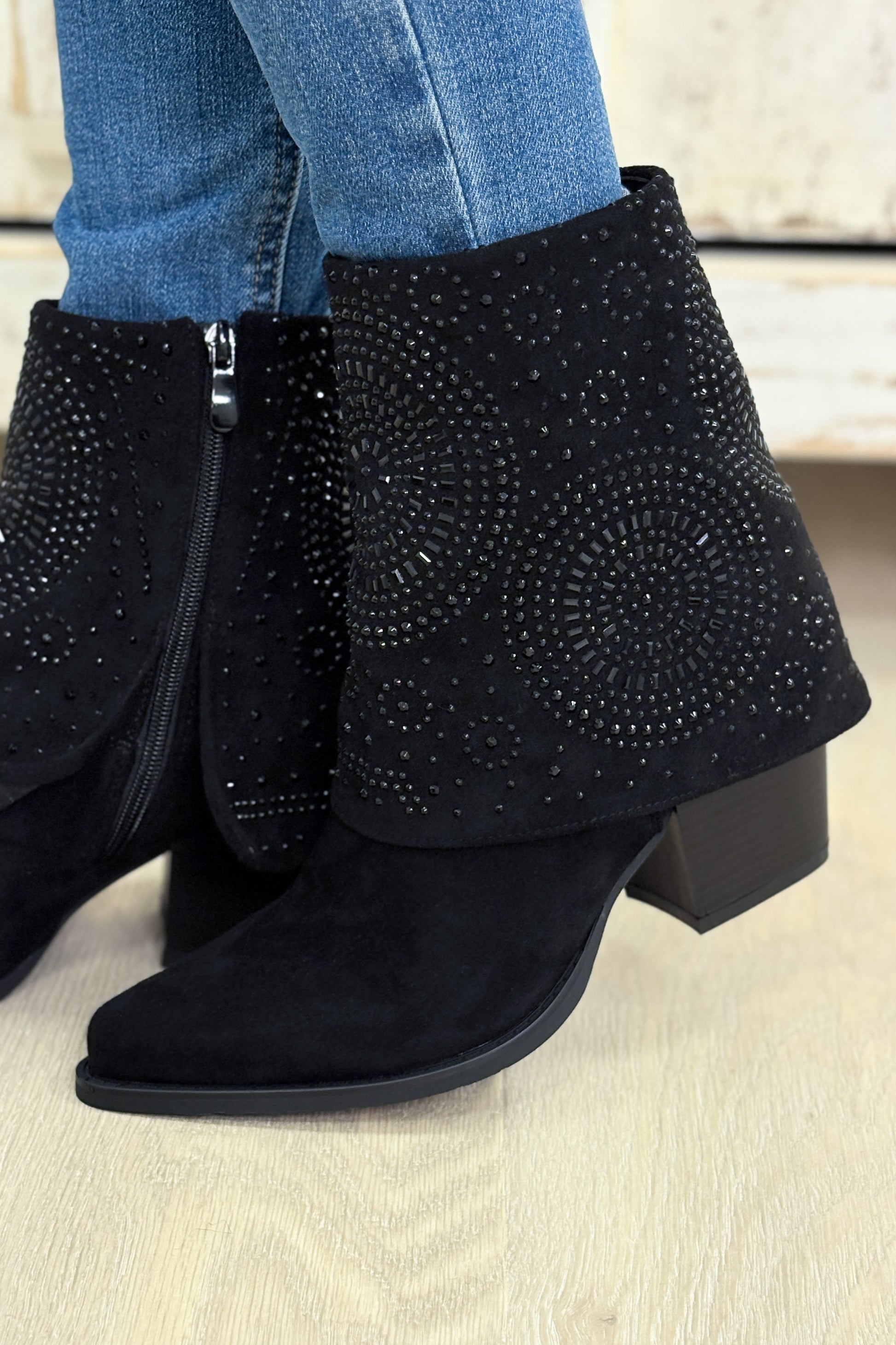 Kaia Fold Over Studded Boots - Black