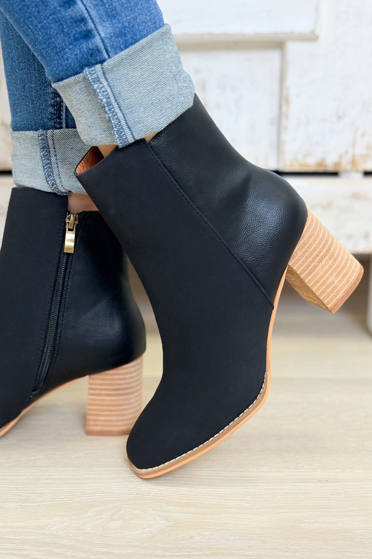 Jennifer Two Tone Semi Square Toe Ankle Boots - Black