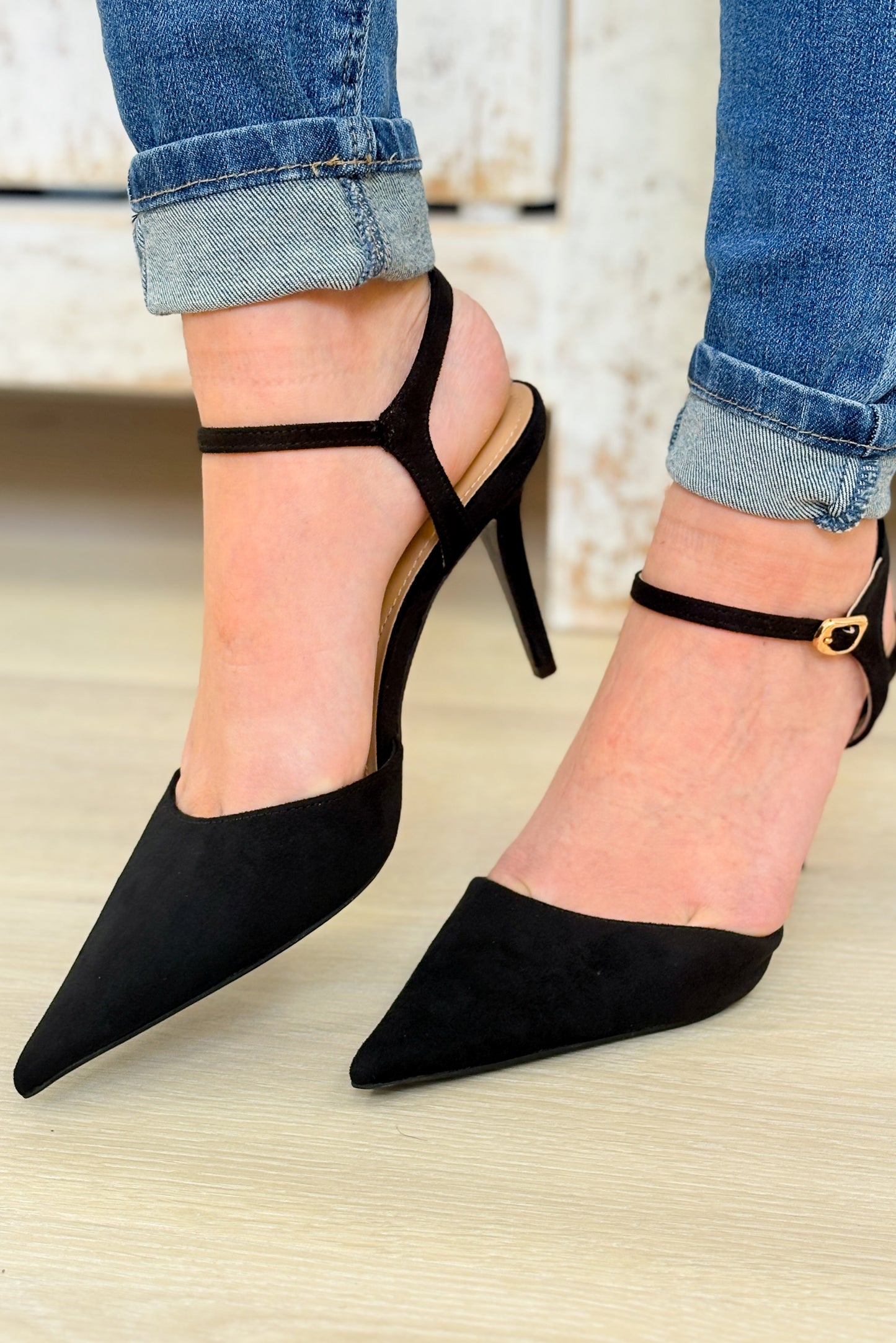 Blade Chic Pointed Toe Ankle Strap Stiletto - Black Suede