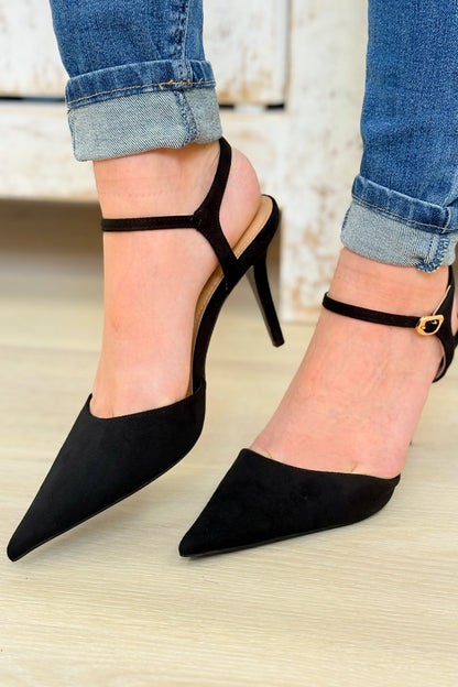 Blade Chic Pointed Toe Ankle Strap Stiletto - Black Suede