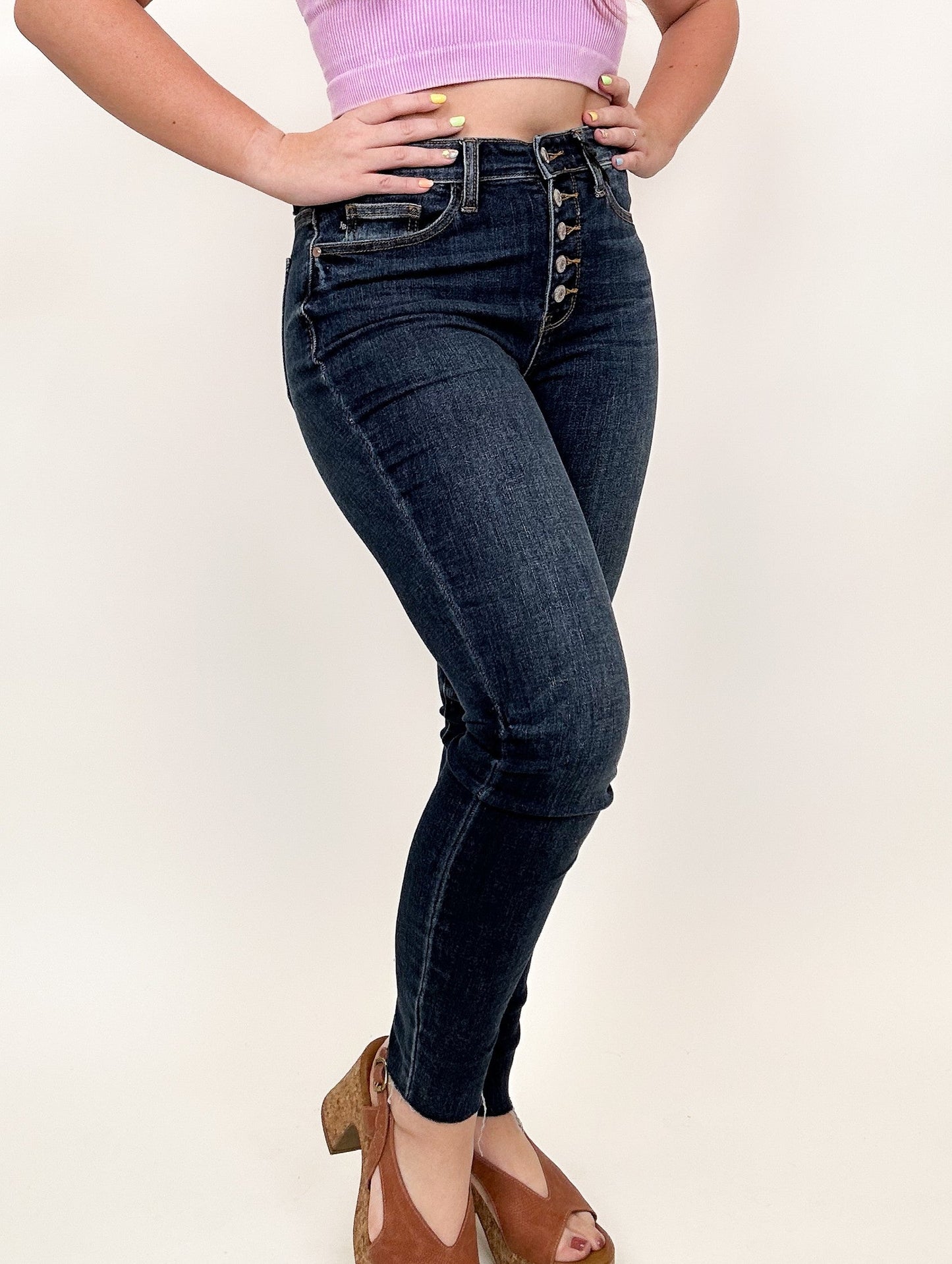 Judy Blue High Rise Button Fly Cut Off Skinny Jeans
