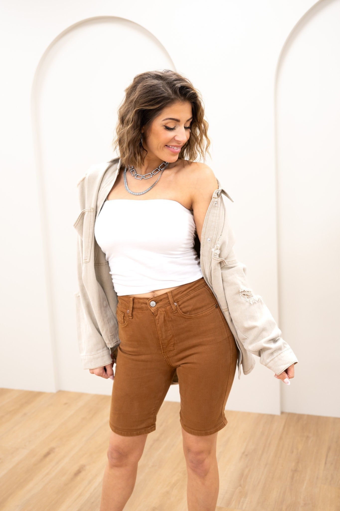 Judy Blue Babe Watch High Rise Tummy Control Bermuda Shorts - Brown