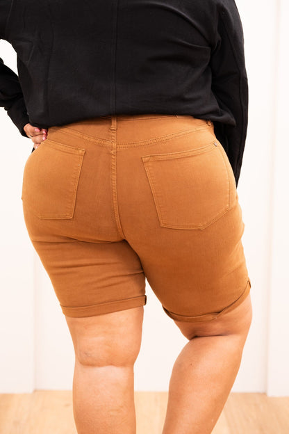 Judy Blue Babe Watch High Rise Tummy Control Bermuda Shorts - Brown