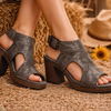 More Embossed Floral Heel Sandals - Charcoal