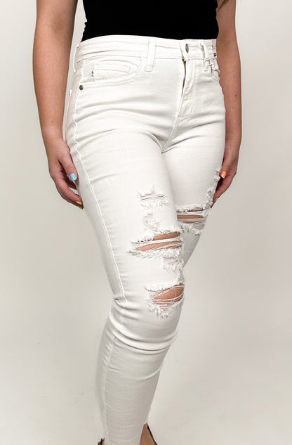 Judy Blue Mid Rise White Destroyed Skinny Jeans