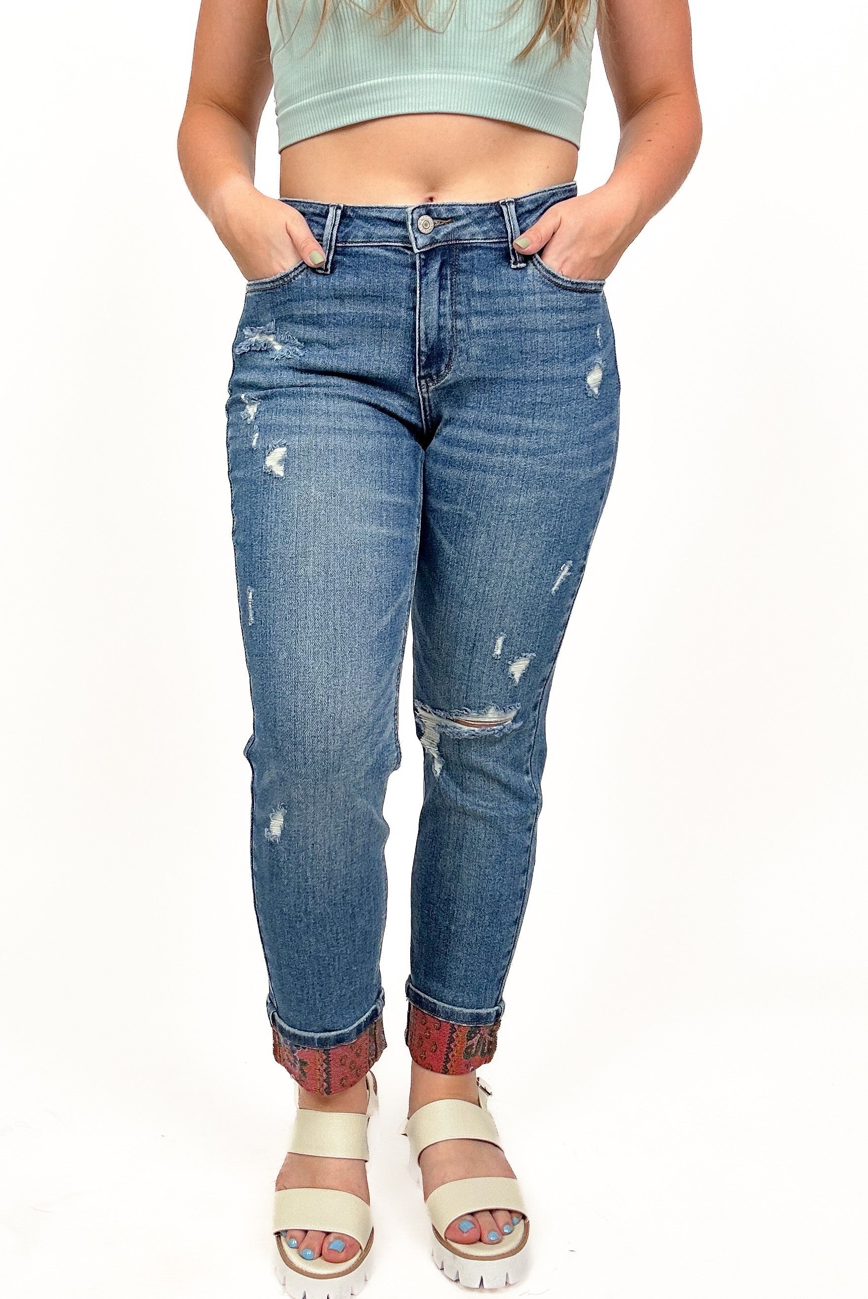 Judy Blue Paisley Patch Cuff Boyfriend Jeans