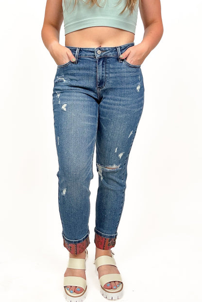 Judy Blue Paisley Patch Cuff Boyfriend Jeans