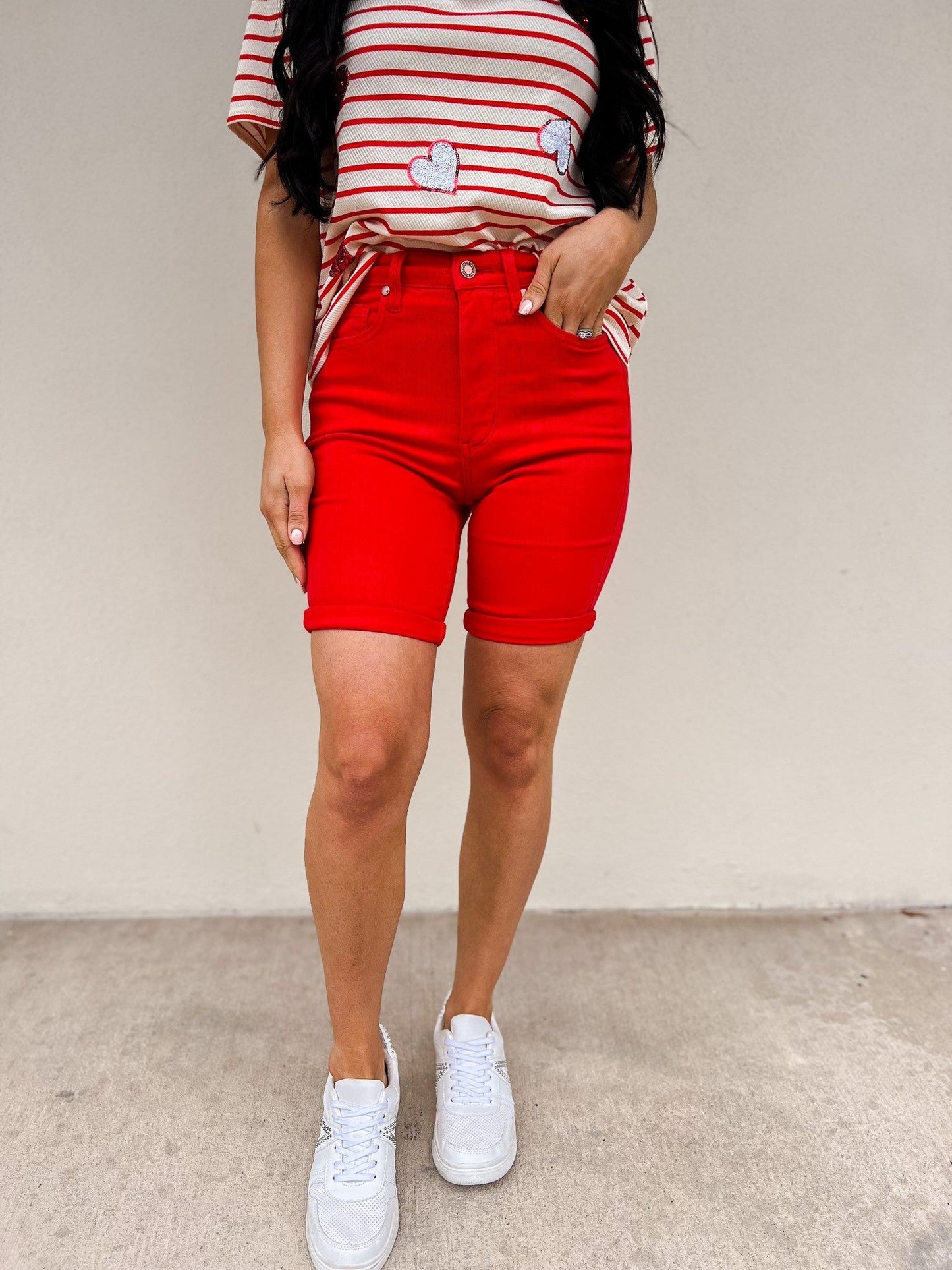 Judy Blue Babe Watch High Rise Tummy Control Bermuda Shorts - Red *JB