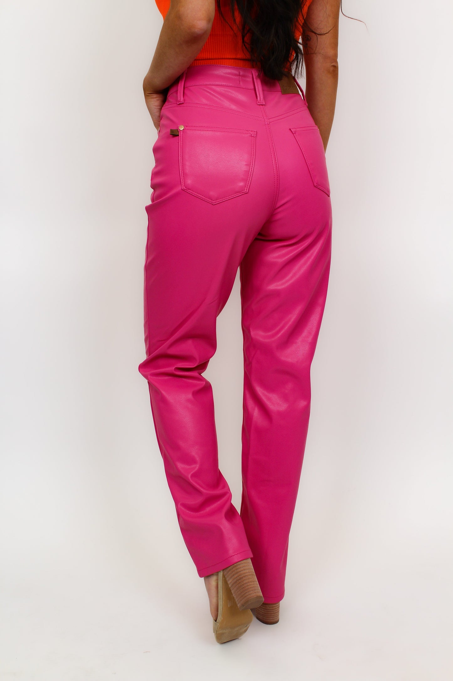 Judy Blue Barbie Girl Tummy Control Faux Leather Pants - Hot Pink