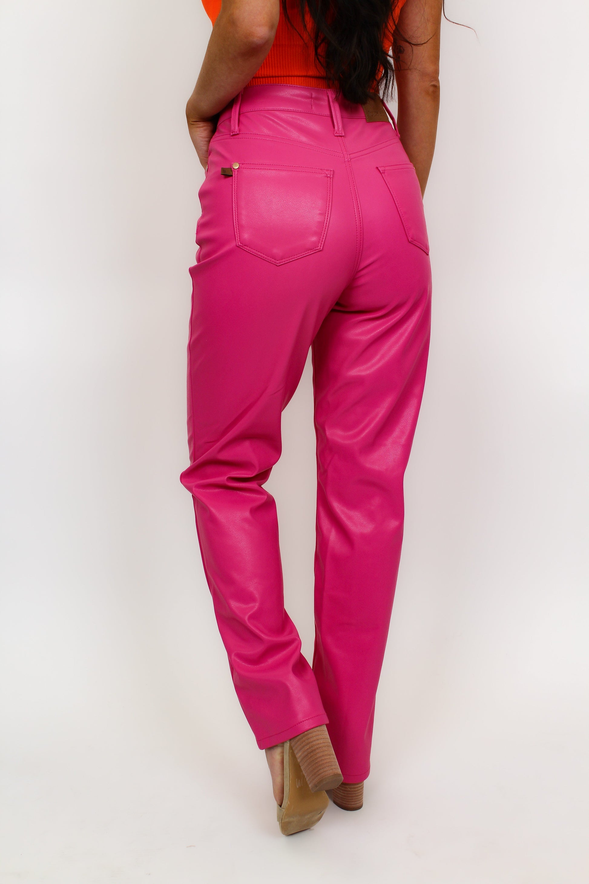 Judy Blue Barbie Girl Tummy Control Faux Leather Pants - Hot Pink