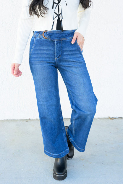 Hips Don't Lie By Risen - High Rise Tummy Control Crop Wide Leg Jeans- Dark