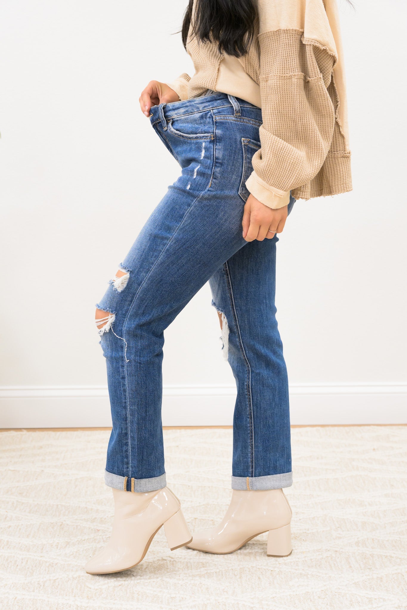 Upgraded By Lovervet - High Rise Rolled Cuff Boyfriend Jeans
