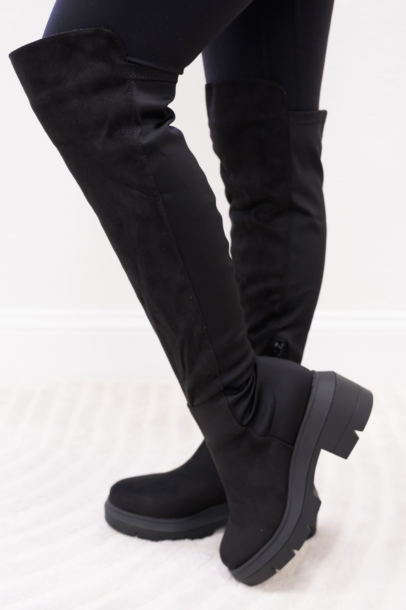 Midnight Lug Sole High Knee Boots - Black