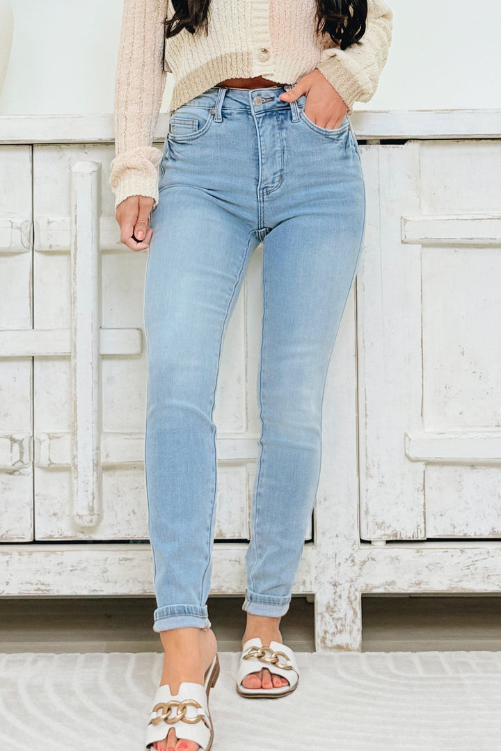 All The Way By Judy Blue - Midrise Vintage Wash Skinny Jeans - Light