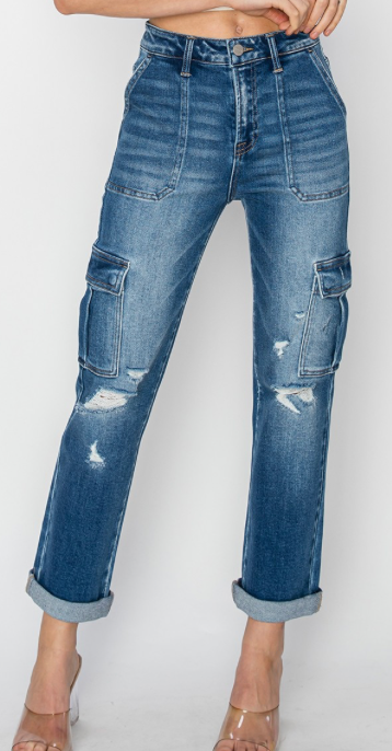 Array Torn & True By Risen - High Rise Cargo Ankle Roll Up Straight Jeans - Dark