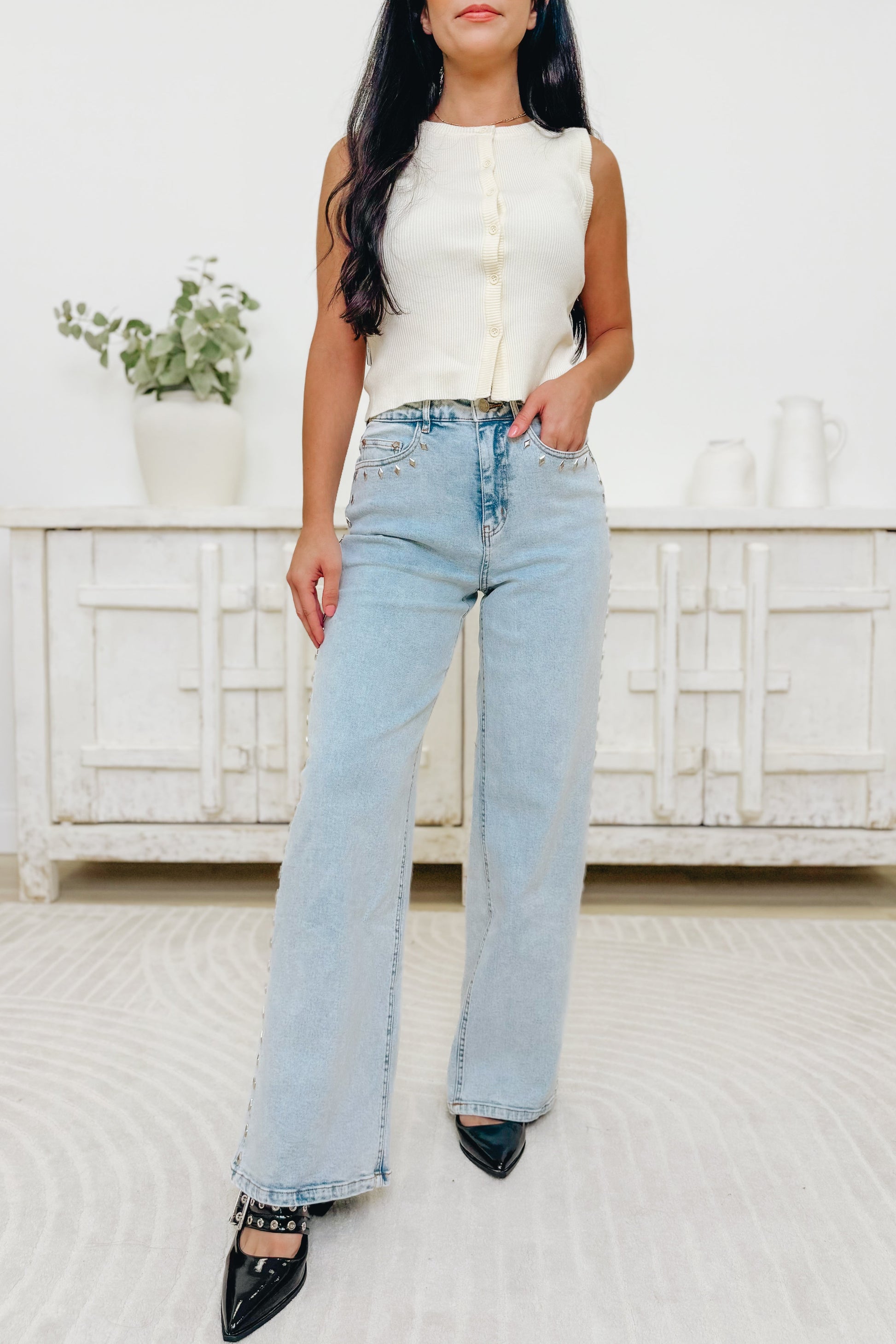 Grit & Glitter By Blue B. - Mid Rise Diamond Studded Straight Leg Jeans - Light Wash