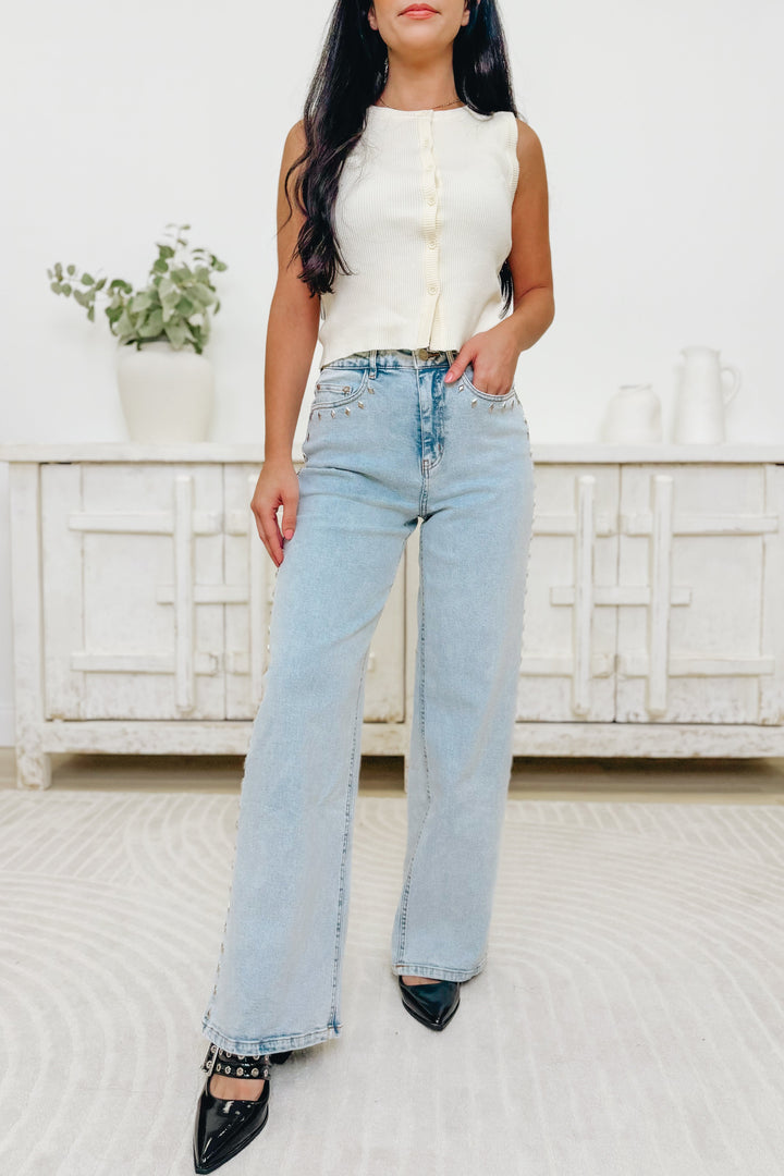 Grit & Glitter By Blue B. - Mid Rise Diamond Studded Straight Leg Jeans - Light Wash