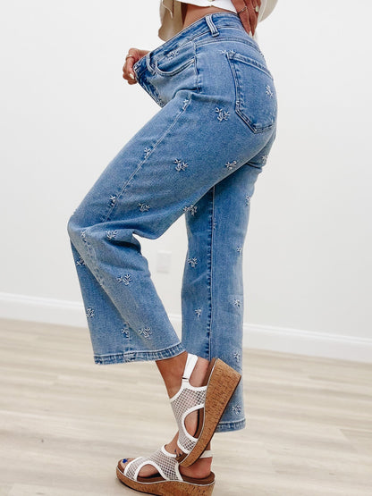 The Dreamer By Risen - High Rise Wide Leg Embroidered Jeans-Light