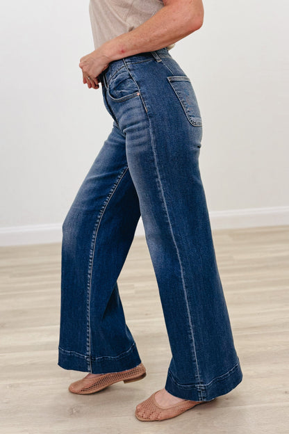 The Piper By Risen - High Rise-Ankle Wide-Seam Detailed Jeans - Dark