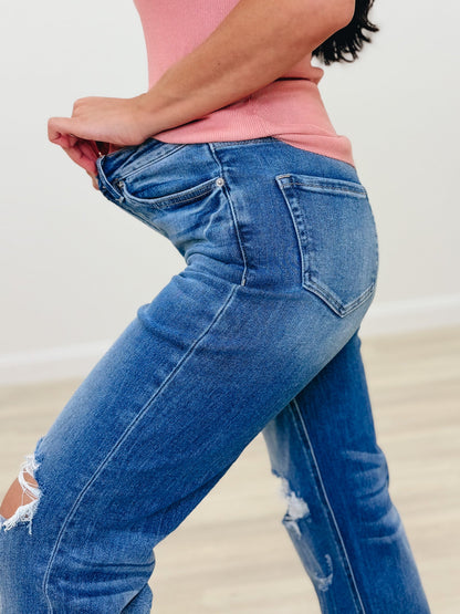 Lookin For Love By Mica - High Rise Distressed Wide Leg Jeans - Ice Dark Blue