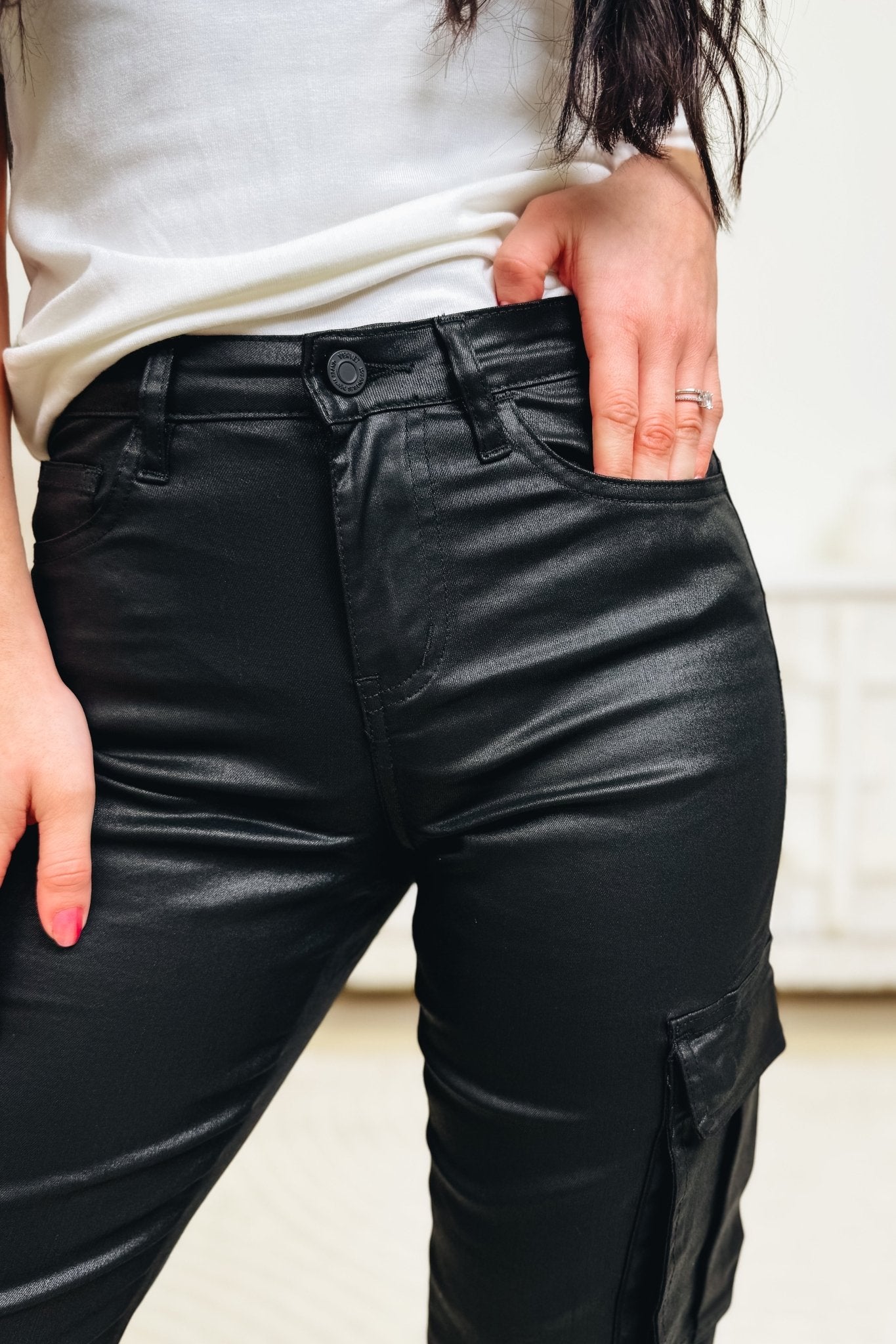 After Hours By Vervet - High Rise Coated Cargo Dad Jeans - By Alexa Rae