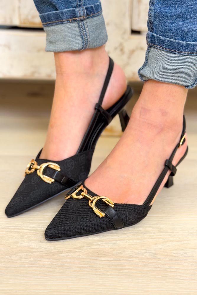 Aleena Slingback Kitten Pump Heels - Black Canvas - By Alexa Rae