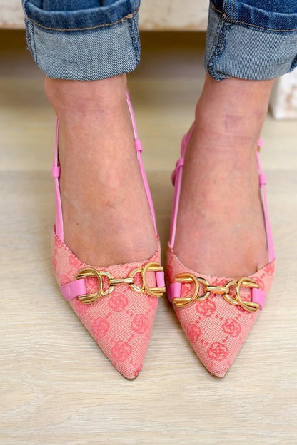 Aleena Slingback Kitten Pump Heels - Pink Canvas - By Alexa Rae