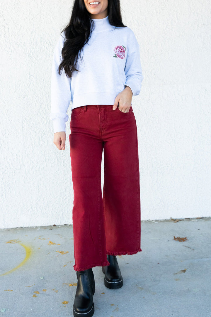 Pass The Wine By Risen - High Rise Tummy Control Crop Wide Leg Pants - Wine