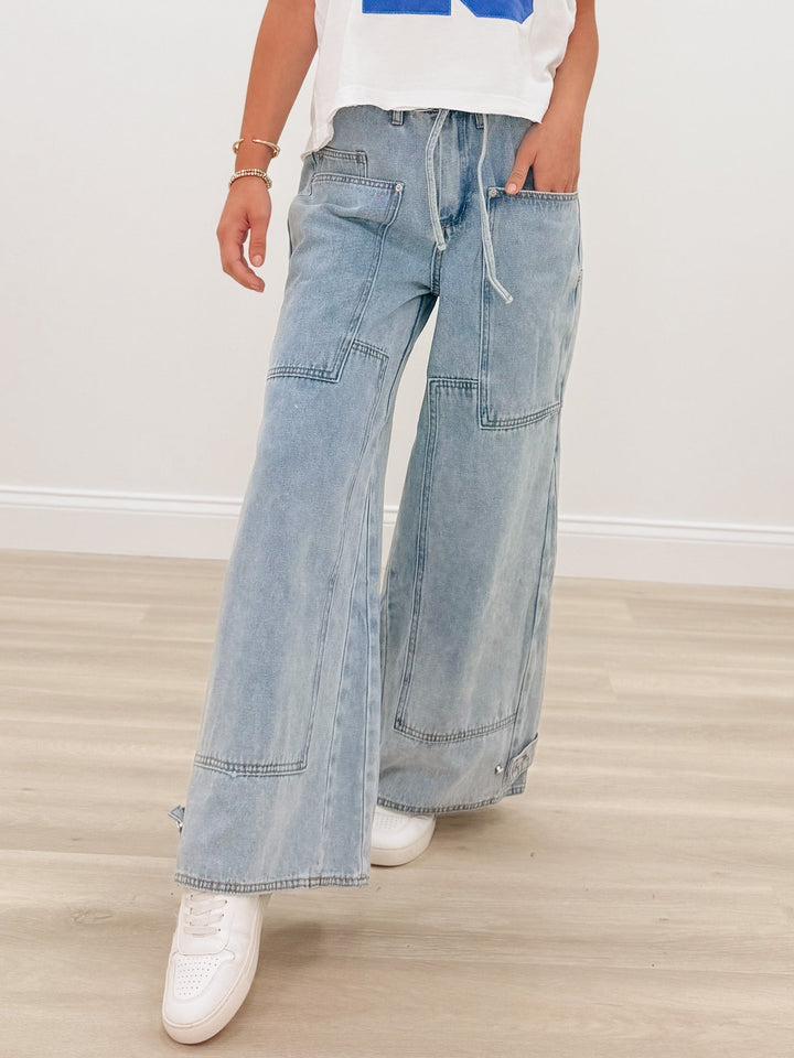 Stride & Style Belted Wide Leg Jeans - Denim