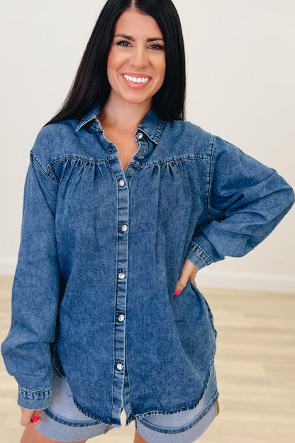 Keep Your Head Up Denim Button Down Top