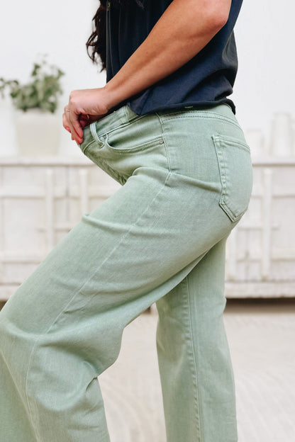 Clocked In By Risen - Mid Rise Tummy Control Adjustable Waistband Jeans - Olive