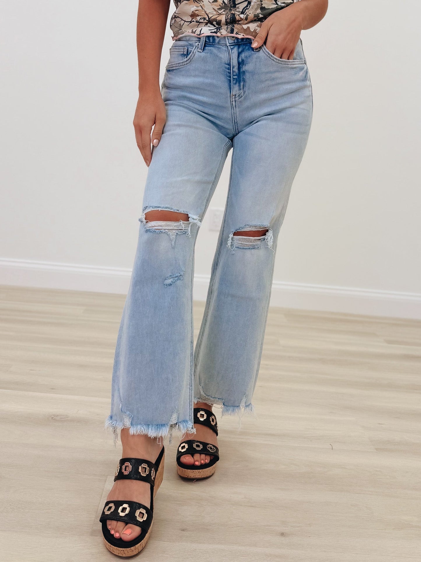 Lookin For Love By Mica - High Rise Distressed Wide Leg Jeans - Ice Medium Blue