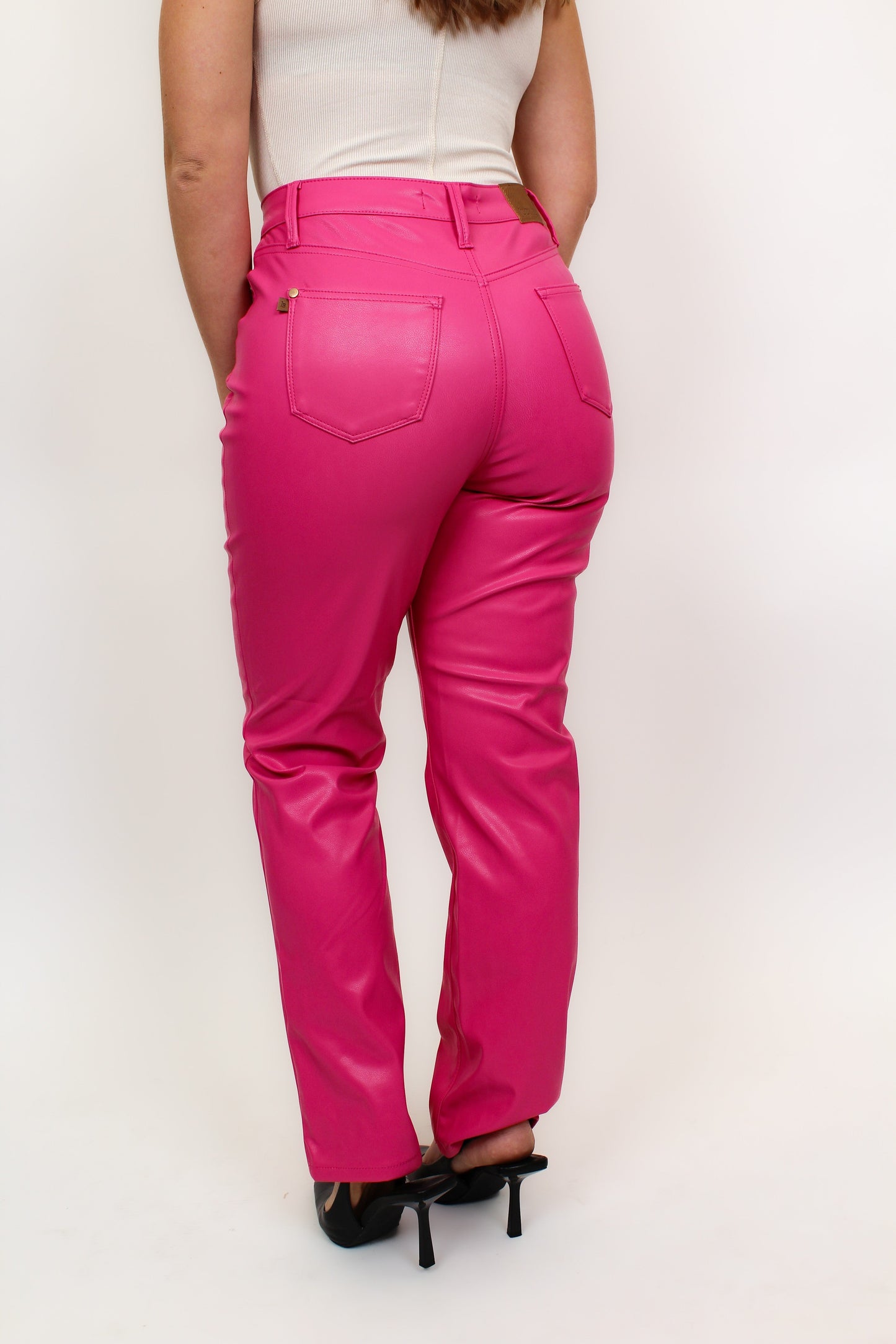 Judy Blue Barbie Girl Tummy Control Faux Leather Pants - Hot Pink