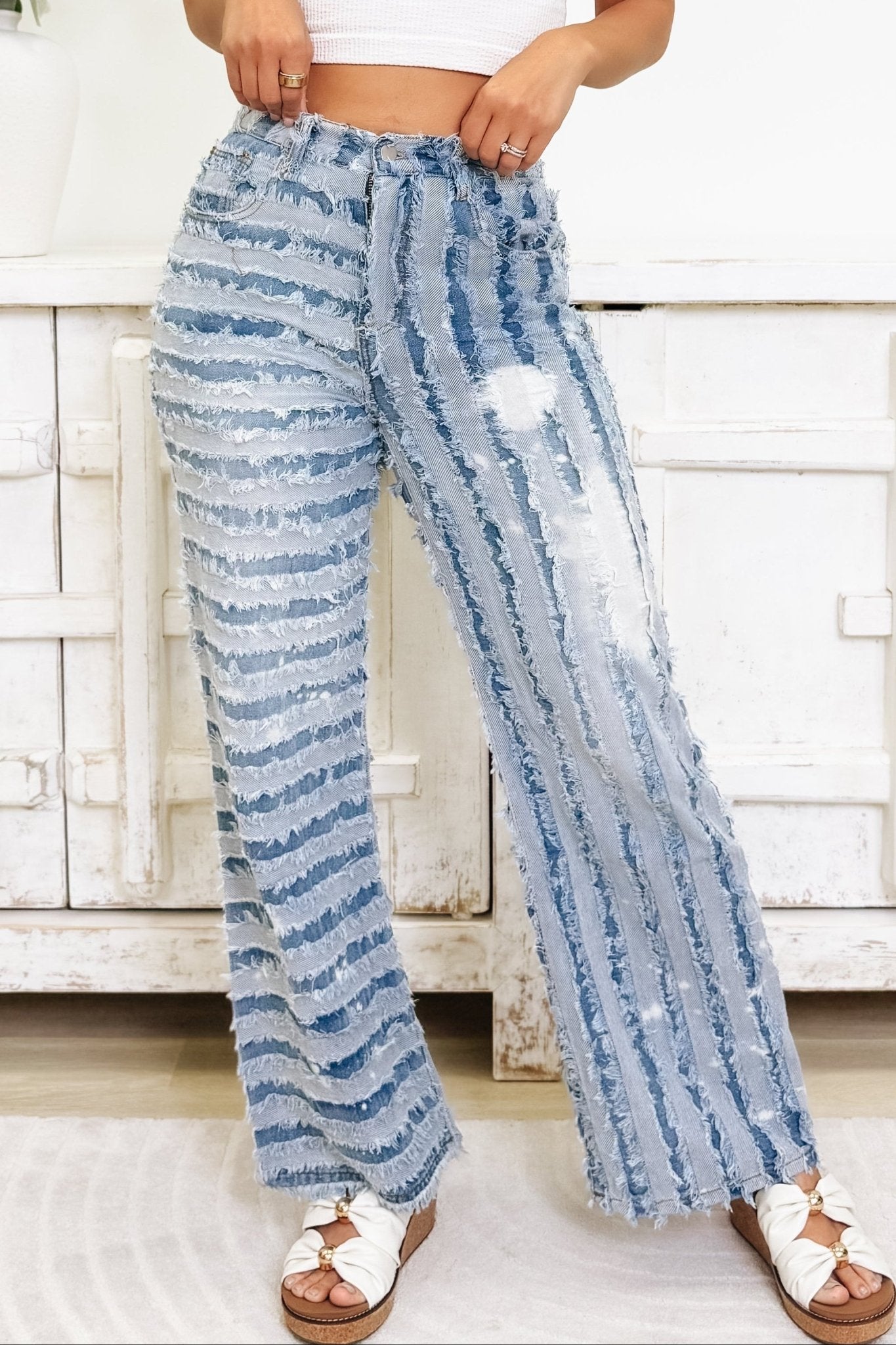 Bold Line Babe Frayed Wide Leg Pants - Denim - By Alexa Rae