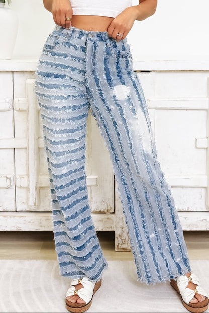 Bold Line Babe Frayed Wide Leg Pants - Denim - By Alexa Rae