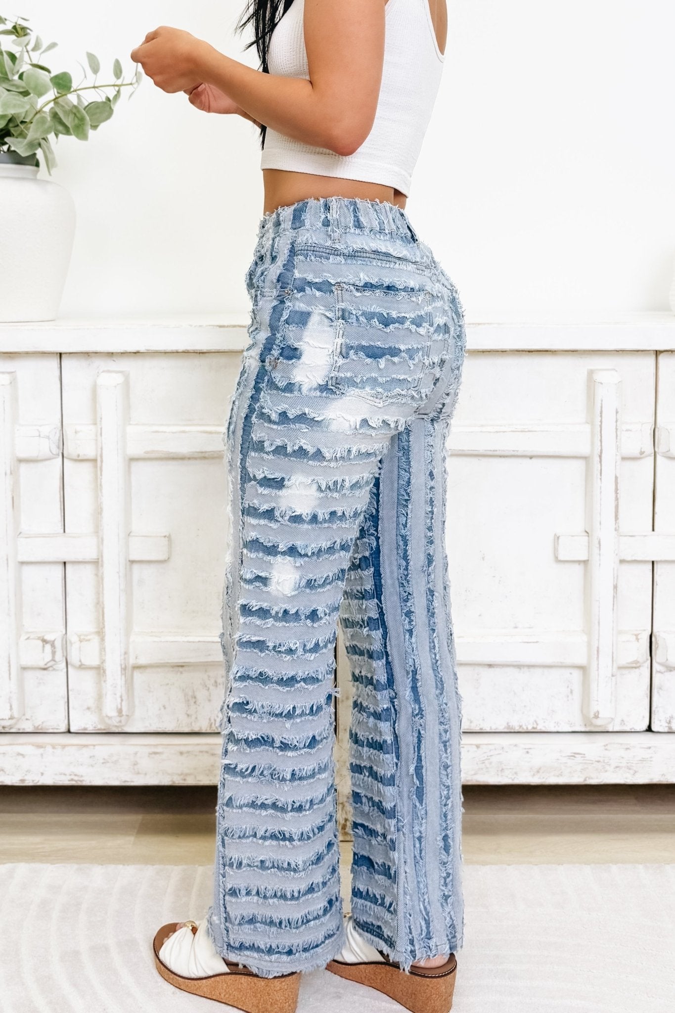 Bold Line Babe Frayed Wide Leg Pants - Denim - By Alexa Rae