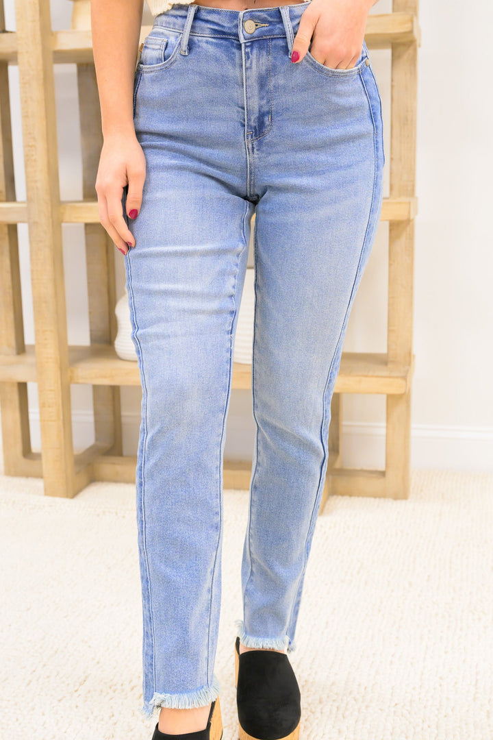 Young Spirit By Judy Blue - High Rise Vintage Side Panel Frayed Slim Fit Jeans