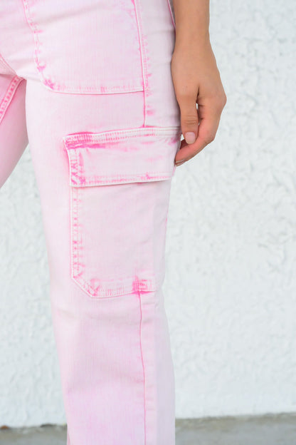 Gossip Girl By Risen - High Rise Wide Leg Cargo Jeans - Acid Pink