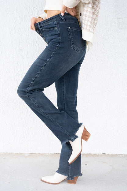 Button Up Buttercup By Judy Blue - High Rise Button Fly Hem Destroy Straight Jeans