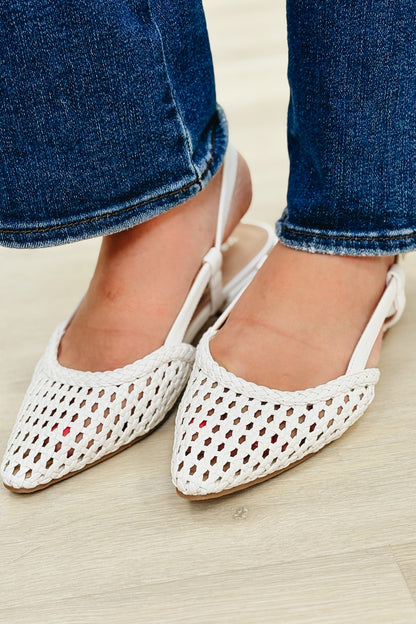 The Laura Pointy Toe Slingback Black Heel Flat - White