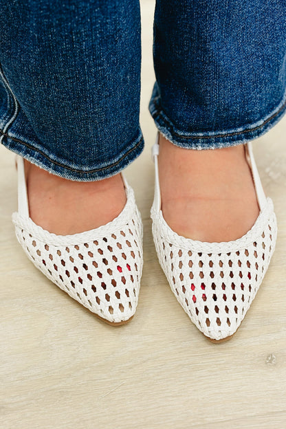 The Laura Pointy Toe Slingback Black Heel Flat - White