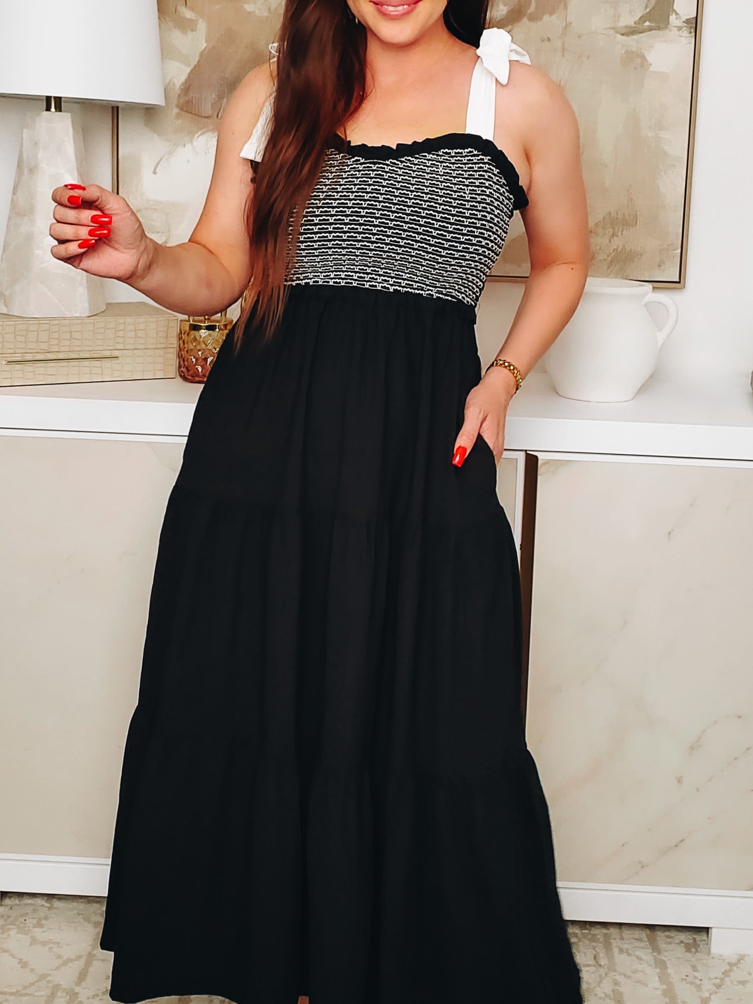 Direct & Reflect Tiered Midi Dress