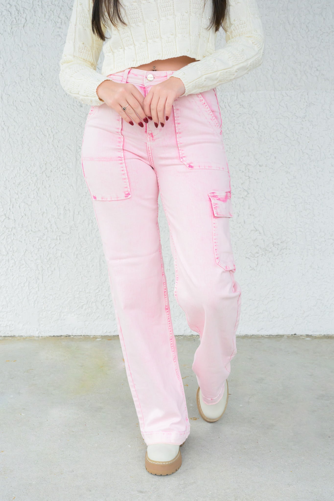 Gossip Girl By Risen - High Rise Wide Leg Cargo Jeans - Acid Pink