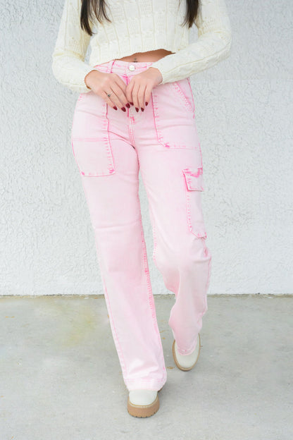 Gossip Girl By Risen - High Rise Wide Leg Cargo Jeans - Acid Pink