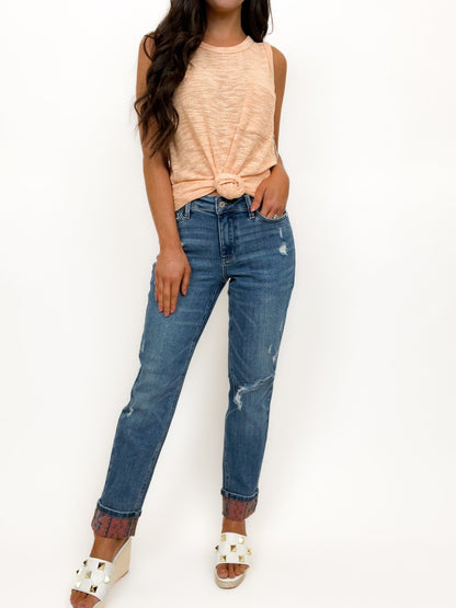 Judy Blue Paisley Patch Cuff Boyfriend Jeans