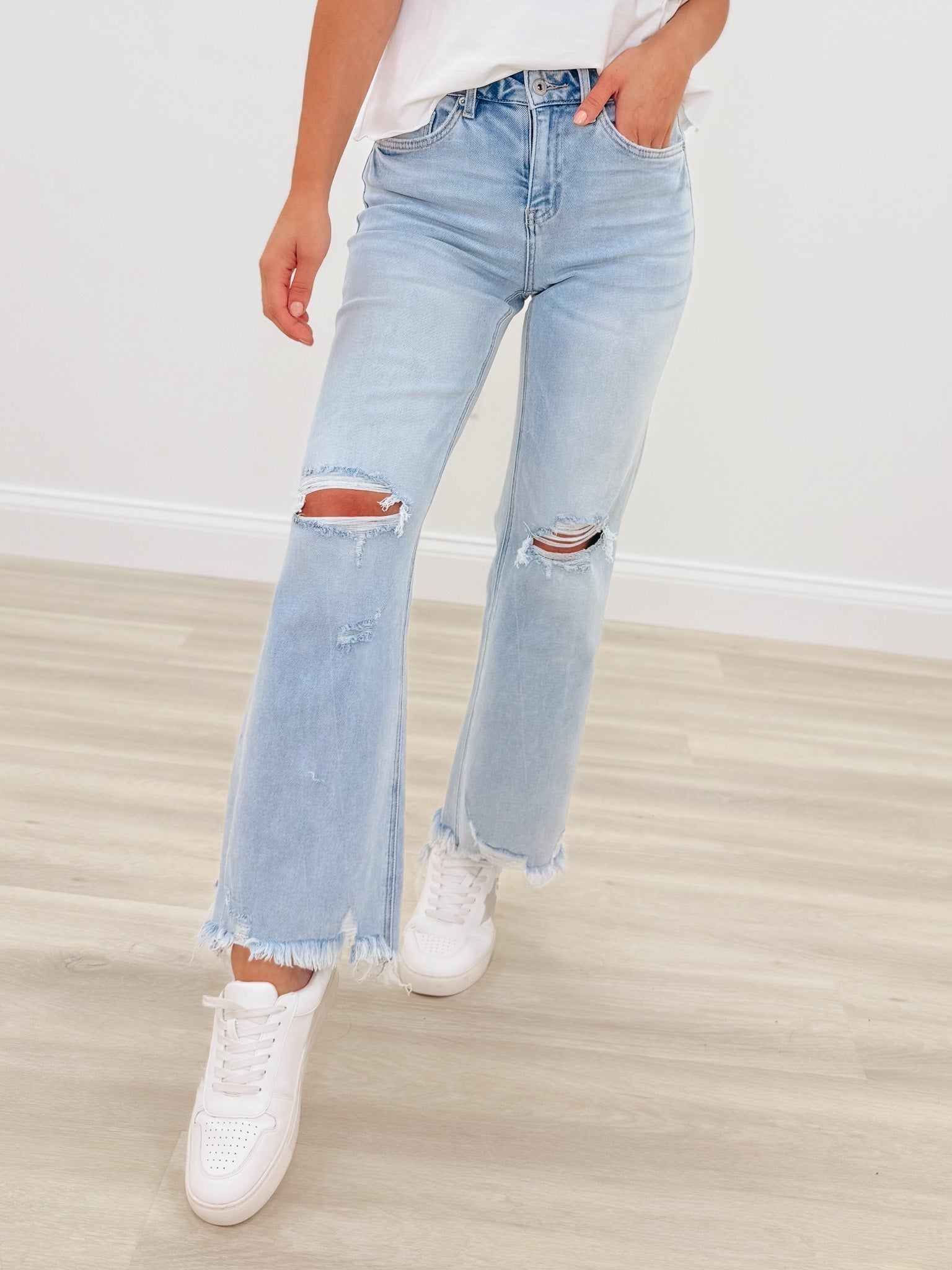 Lookin For Love By Mica - High Rise Distressed Wide Leg Jeans - Ice Light Blue