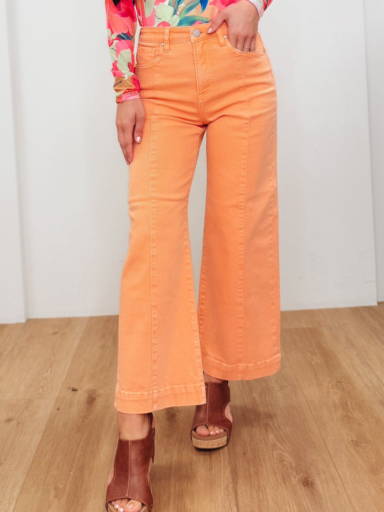 The Icon By Risen - Tummy Control Wide Leg Jeans - Coral Peach