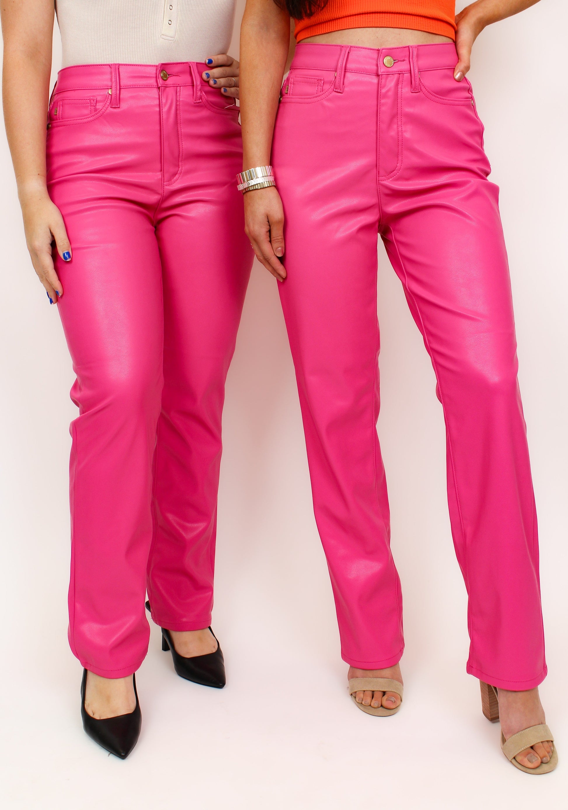 Judy Blue Barbie Girl Tummy Control Faux Leather Pants - Hot Pink